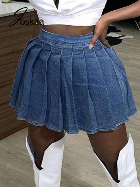 

skirts joskaa 2021 women plus size casual denim pleated skirt summer solid color sweet mini fashion a line high street, Black