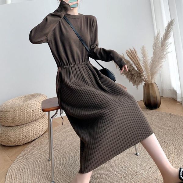 

casual dresses elegant long sleeve knit dress woman fall 2021 drawstring waist pink loose sweater vestido korean winter maxi clothing, Black;gray