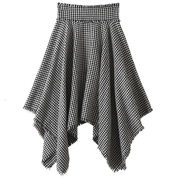 

skirt fall runway winter fashion high-waisted houndstooth asymmetrical tweed female wool skirts, Black