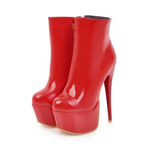 

boots fashion ankle for women soft patent leather platform high heels short woman red party fetish shoes large size, Black