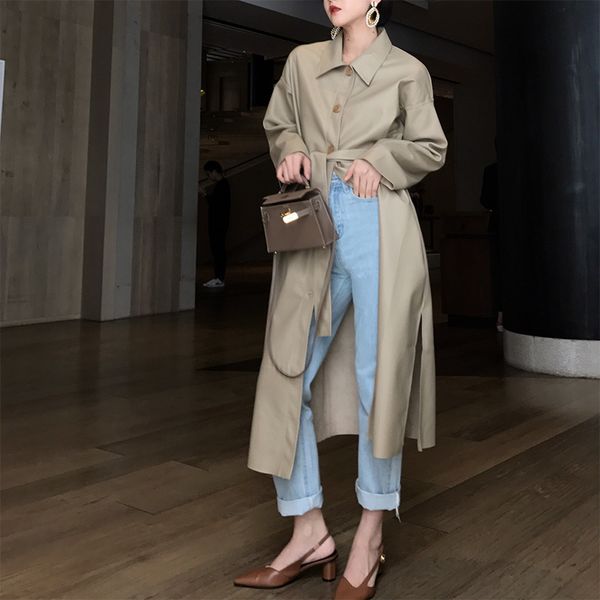 

women's wool & blends shengpalae spring turn-down collar unique plutonium leather breasted belt comfortable waist trench coat fashion w, Black
