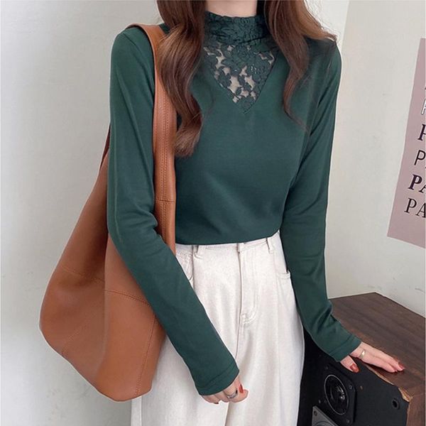 

women's knits & tees lace half-turtleneck bottoming shirt inner wear autumn and winter 2021 western style slim fit plus velvet thickene, White