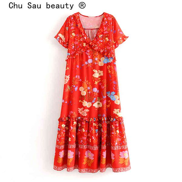 

fashion boho vintage floral print midi dress women holiday ruffles loose comfortable long dresses vestidos de verano 210508, Black;gray