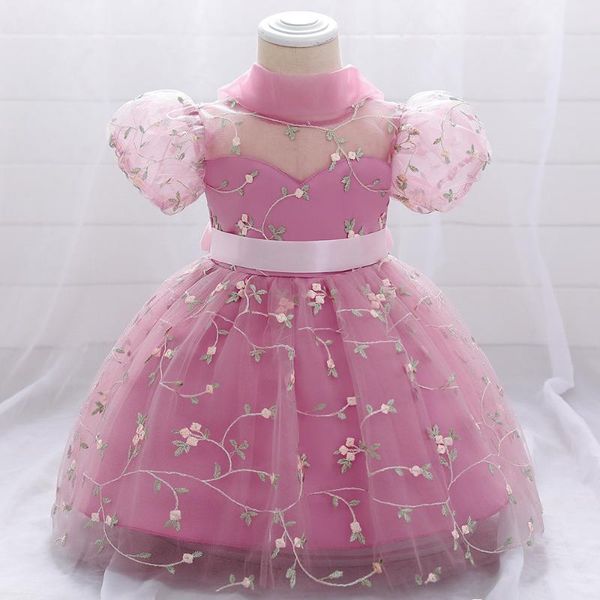 

baby baptism dress girl puff sleeve flower embroidery princess puffy birthday party primary school graduation costume girl's dresses, Red;yellow