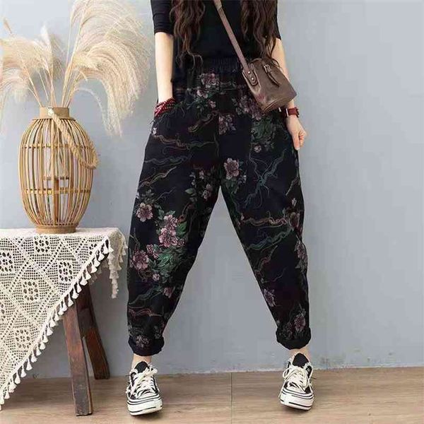 

arrival spring women arts style casual elastic waist harem pants vintga print cotton denim ankle-length jeans w328 210512, Blue