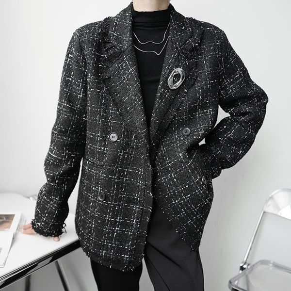 

menswear korean style temperament plaid blazer men's autumn 2021 new loose notched double breasted suit jacket male tide, White;black