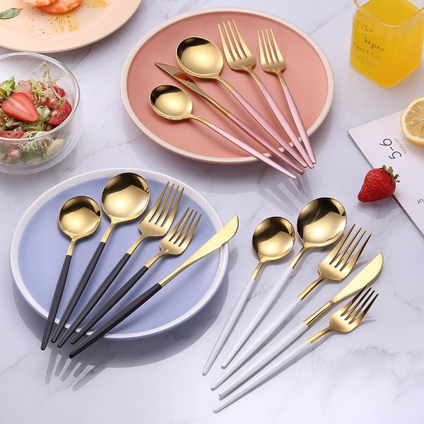 

dinnerware sets 20pcs black gold cutlery set 18/10 stainless steel knife dessert fork spoon tableware silverware drop