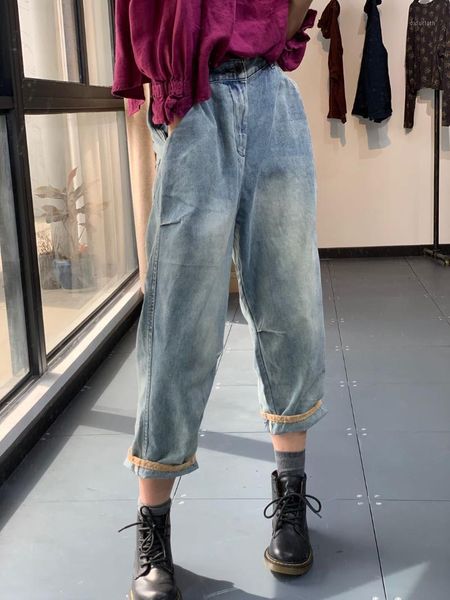 

women jeans spring retro casual loose denim pants elastic waist button patchwork pocket vintage trousers women's, Blue