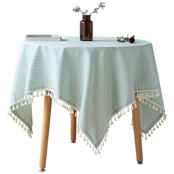 

table cloth cotton linen strips plaid square tassels pastoral covering coffee round tablecloth