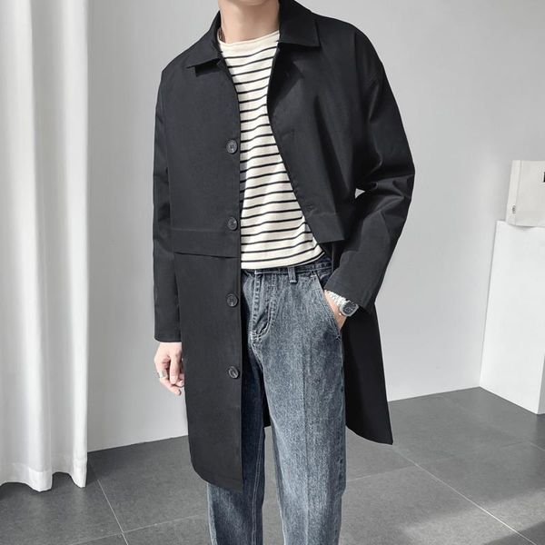 

men's trench coats autumn khaki black coat men fashion casual long streetwear korean loose windbreaker jacket mens overcoat outwear, Tan;black