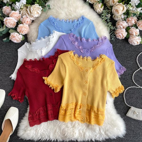 

women's t-shirt 2021 summer clothes ribbed knitted short sleeve lace crop button design tee female slim, White