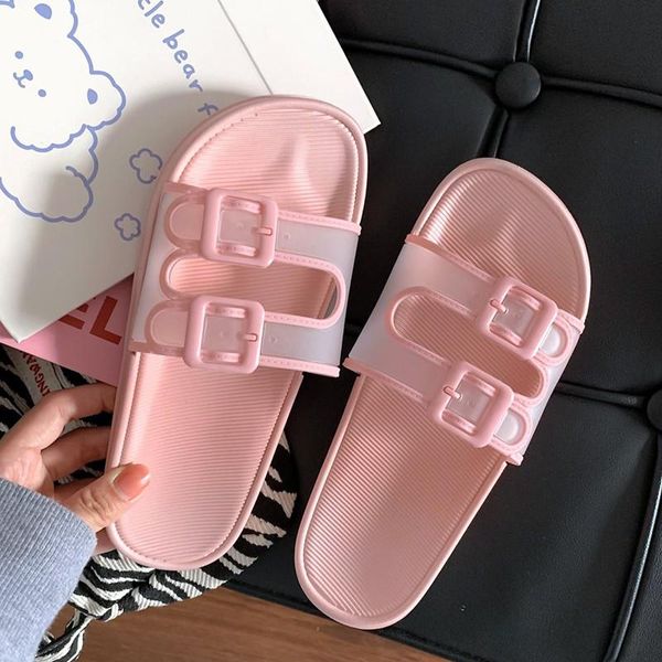 

slippers non-slip women summer beach slide sandals flip flops square buckle soft sole transparent ladies girls bathroom shoes, Black