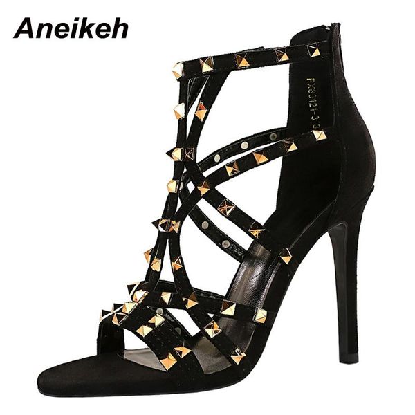 

sandals aneikeh fashion flock pointed open toe summer party shoes classics mature rivet decoration high heel zipper sandalias mujer 2021, Black