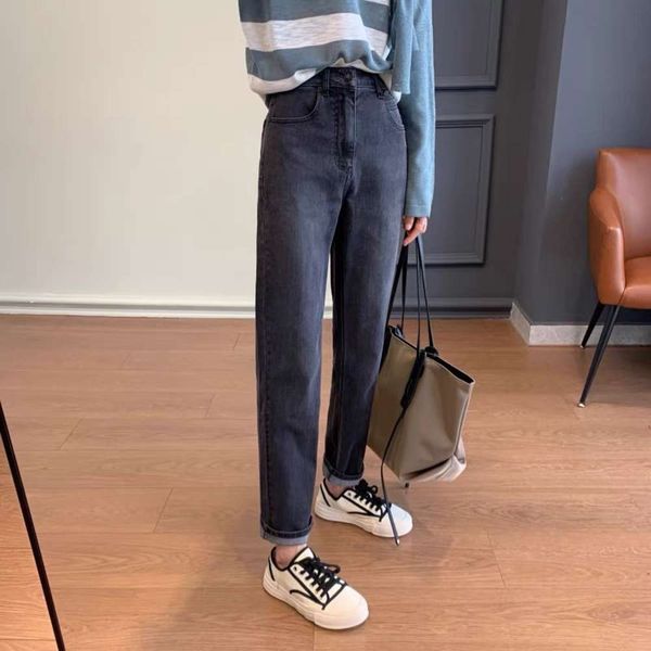 

autumn dark skinny pants women's grey high waist washed cotton denim, Blue