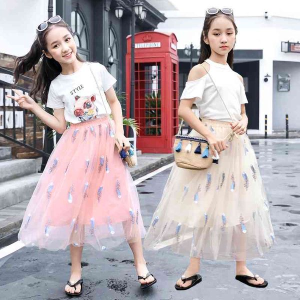 Gonna tutù per neonata Chiffon Principessa Gonna lunga Ragazze Ricamo Piume Costume Coreano Abbigliamento per bambini Gonne per madre figlia 210331