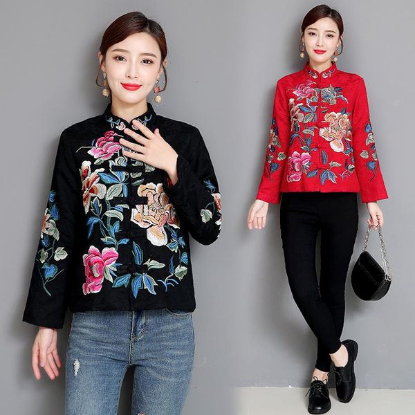 

women's jackets spring autumn chinese style national plus size embroidered jacket mom women coats and coat, Black;brown