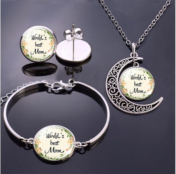 

earrings & necklace mother's jewelry set world's mom quote stud / bracelet fashion gift for stepmother day, Silver