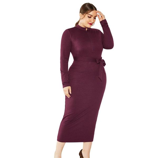 

casual dresses women's plus size bottoming knitted dress 2021 long-sleeved stand-up collar slim bow black temperament one-step gh601, Black;gray