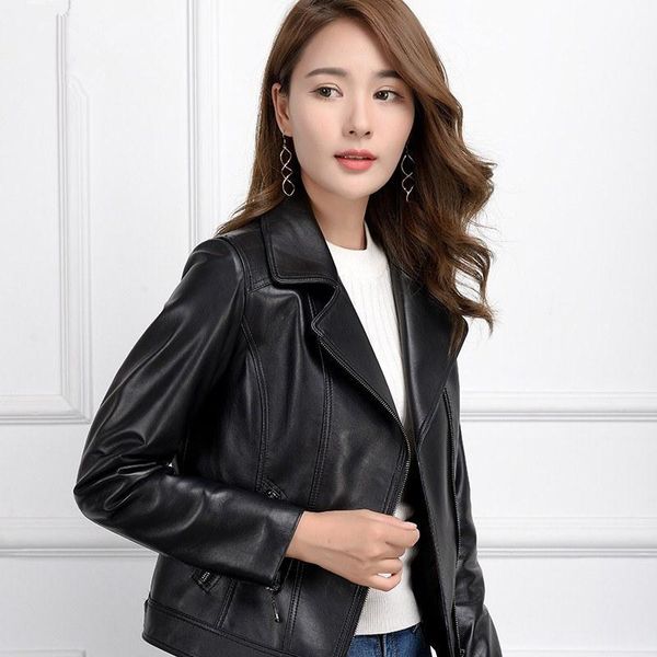 

women's leather & faux genuine jacket women real sheepskin coat spring autumn short slim motocycle bomber jackets 1006 mf518, Black