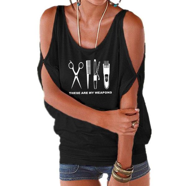 

barber o neck hairdresser womens t shirt weapon scissors polyester girl off shoulder batwing lace up tees, White
