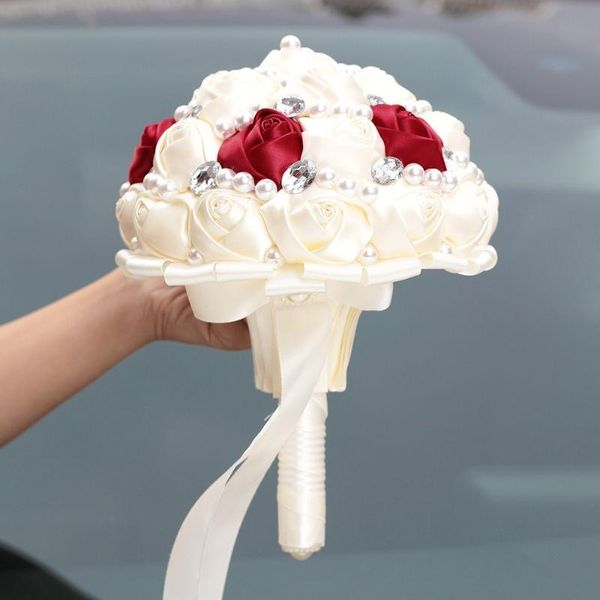 

decorative flowers & wreaths 18cm artificial wedding bouquet satin rose pearls rhinestones bridal supplies--ivory white + red