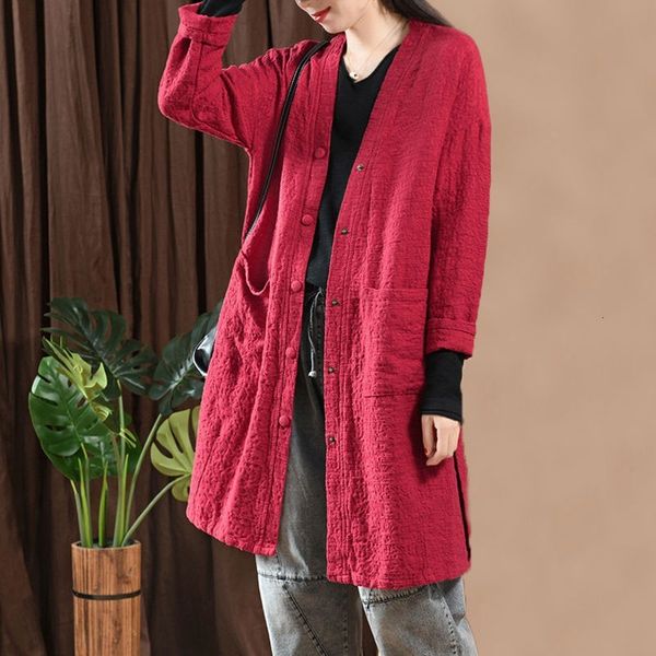 

spring autumn female arts with cleavage in v vintage trench unique breasted cotton linen jacquard casual coat m317, Black
