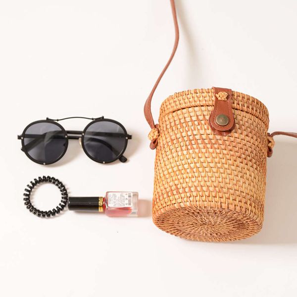 

special rattan woven bucket mini bag leather buckle bag