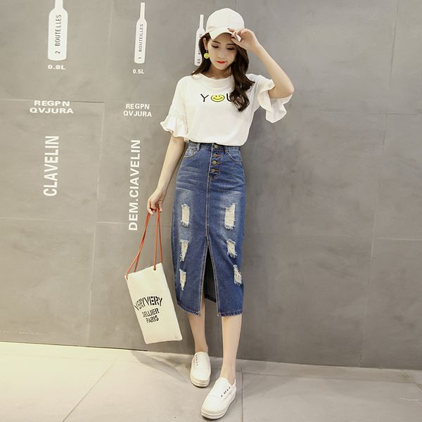 

skirt korean elastic waistline s-8xl big female size skirt front left pocket denim jeans, Black