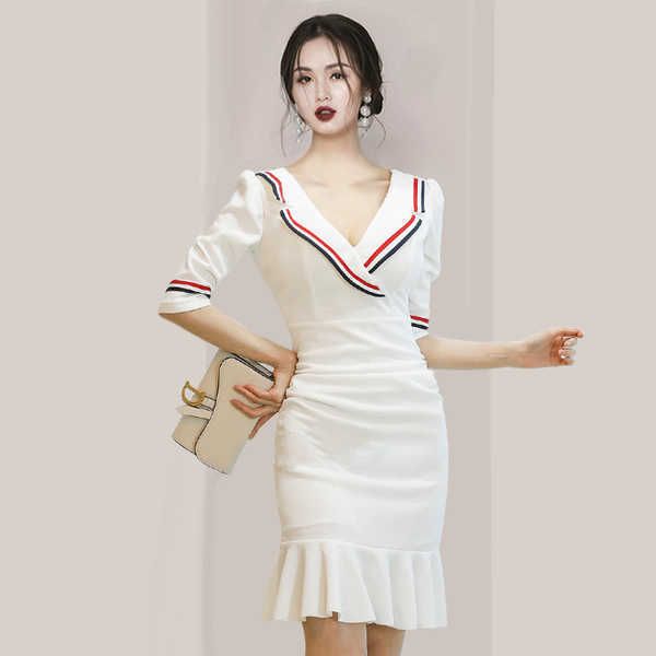 

vintage spring v-neck office work dress vestidos bodycon women's slim ruffles party 210526, Black;gray