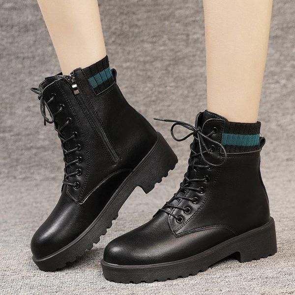 

boots 2021 black pu leather ankle women winter fashion casual round toe lace up motorcycle platform botas mujer