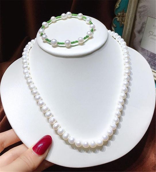 

earrings & necklace habitoo handmade natural 7-8mm white cultured freshwater pearl bracelet jewelry set women fashion party wedding gift, Silver