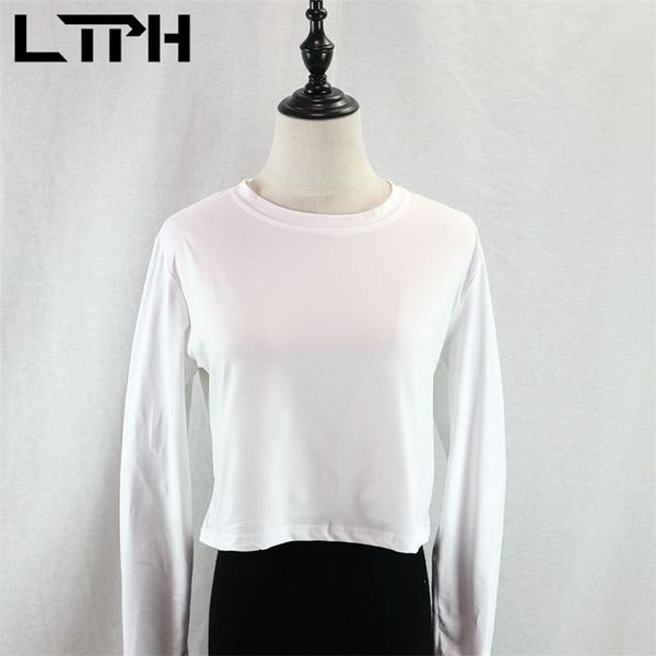 

ltph solid color short sports gym women t-shirt high waist all-match shirt o-neck long sleeve simple spring summer 210423, Black;gray