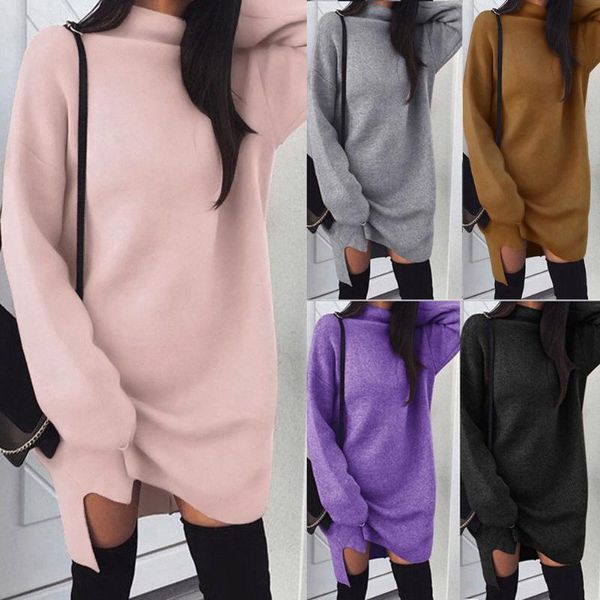 

casual dresses 2021 brand fashion women's autumn winter long sleeve solid turtleneck warm knitted dress split stand collar soft cotton, Black;gray