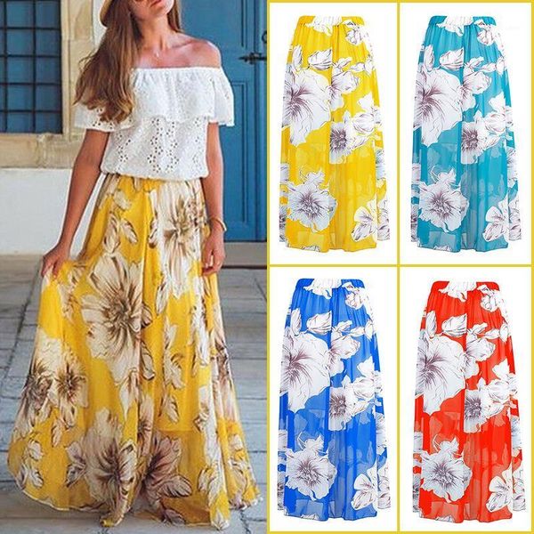 

skirts zogaa plus size boho women summer floral print long skirt ladies fashion high waist pleated beach casual chiffon, Black