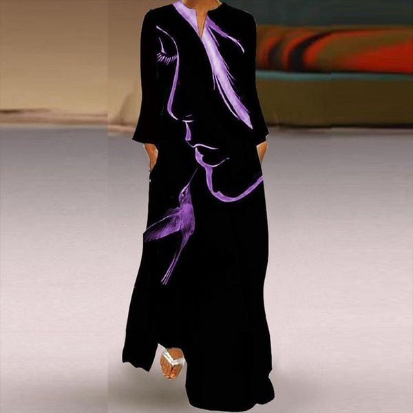 

vintage abstract face printed long womens dress party robe v neck sleeve a line spring summer loose maxi dresses, Black;gray
