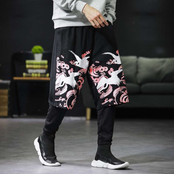 

pants casual autumn chinese style men's fake two piece printed cotton linen r7n4, Black