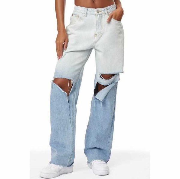 

women's jeans 2021 spring gradual change hole ins super fire straight pants, Blue
