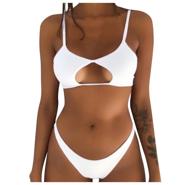 

women's swimwear chest hollow bikini set solid sling biqini low waist swimsuit female back buckle bathing suit summer 2021 a50, White;black