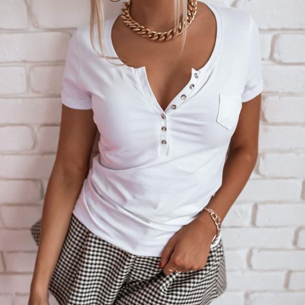 

solid summer women's t-shirt 2021 casual short sleeve button office ladies v-neck chic classic white