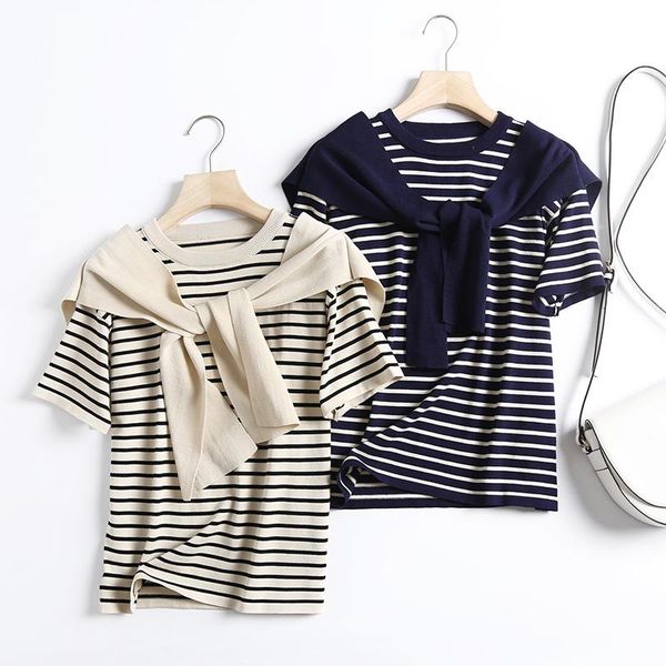

women's t-shirt women 2021 summer color contrast sweater korean fashion style sailor collar knotted striped short sleeve for female, White