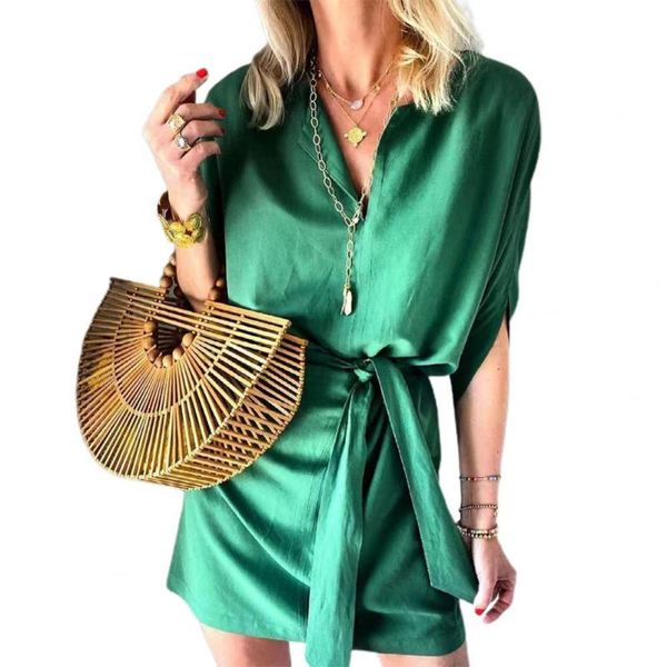 

women's swimwear women summer dresses tie design sweat absorbent high waist half sleeve solid color mini short dress vestidos, White;black