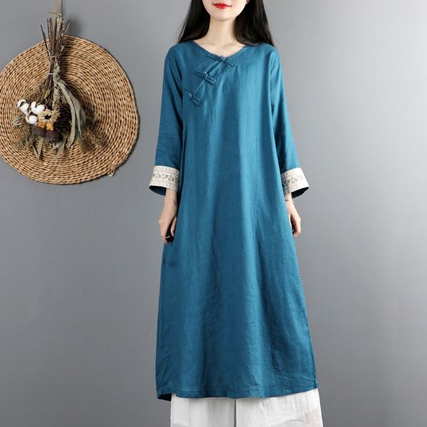 

cotton linen chinese dress qipao ladies robe vintage femme cheongsam cotton linen autumn dresses chinese style dress 12157, Red