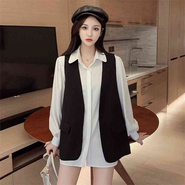 

spring autumn women's shirt korean hepburn style lantern sleeve blouse and vest casual loose long ll785 210506, White