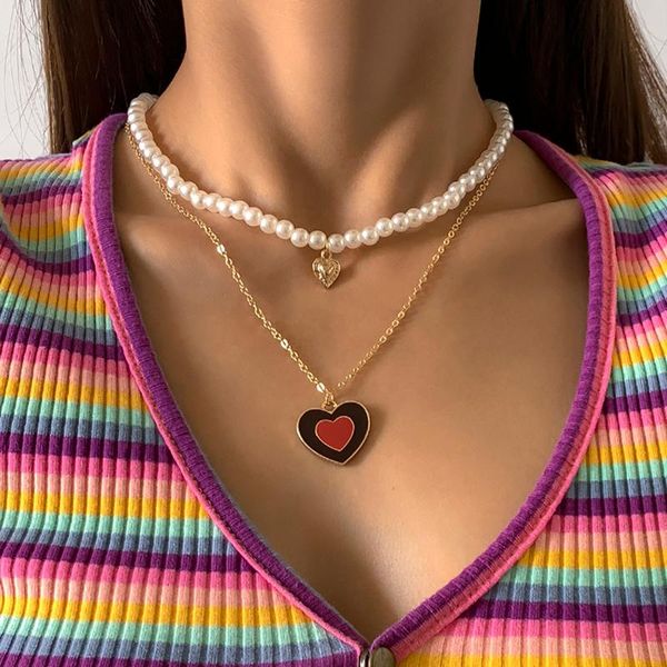 

pendant necklaces shixin vintage layered pearl choker necklace for women boho metal heart 2021 fashion female jewelry on the neck, Silver