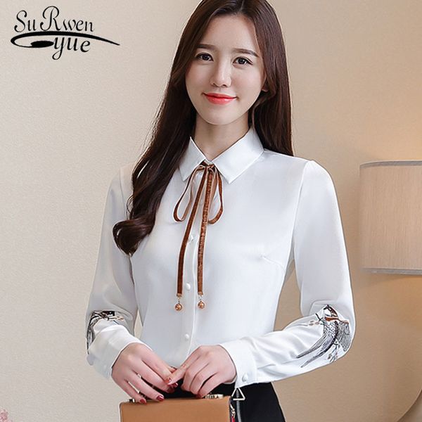 

office lady chiffon blouse long sleeve turn down collar embroidery casual women shirts 2715 50 210521, White