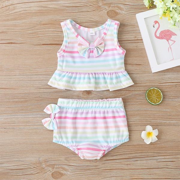 

one-pieces girls summer split swimsuit set rainbow color stripes bowknot children's ruffled seaside beach swimwear suit wt661, Black