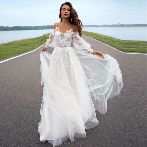

2021 a-line beach wedding dress long sleeve sweep train bridal dress princess wedding gowns boho plus size vestido de noiva, White