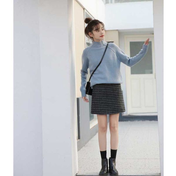 

winter autumn women sweater fashion half high neck pullovers female soild color loose korean style casual kintted women's sweaters, White;black