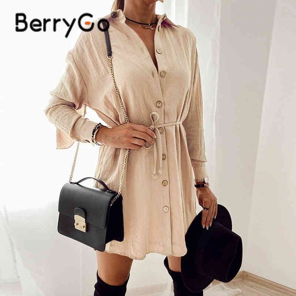 

berrygo turn-down collar office elegant women dress summer cotton casual sash shirt spring fashion solid mini es 210513, Black;gray