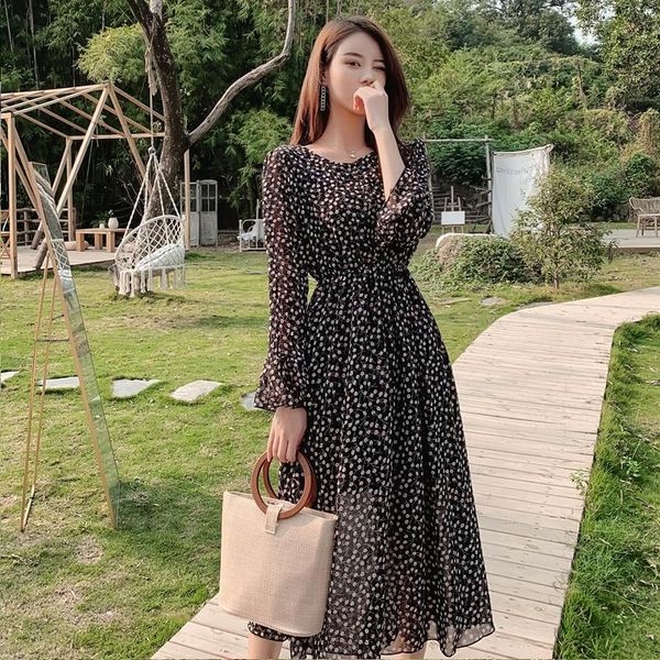 

casual dresses plus size 3xl o-neck floral chiffon women dress flare full sleeve a-line female party spring elastic waist midi vestidos, Black;gray